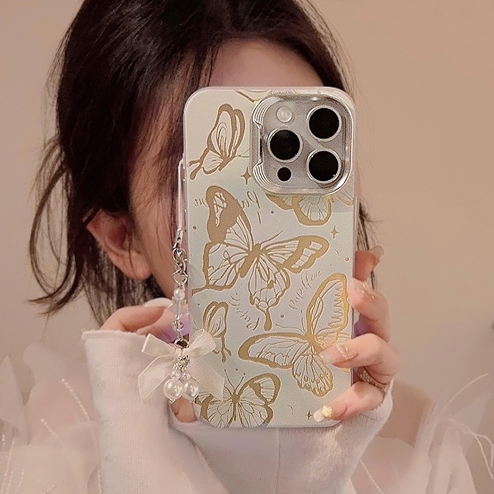 ins蓝色蝴蝶带挂链适用苹果15Pro max手机壳iphone13镭射14超仙16