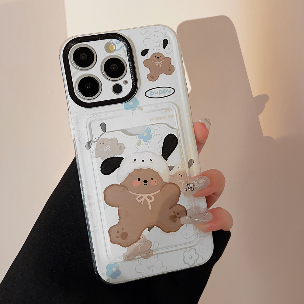 可爱卡包适用iphone14promax手机壳13苹果15奶蓝花朵小狗16透明12