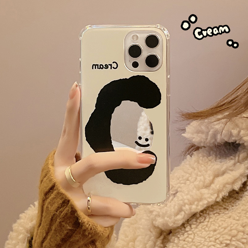 ins奶油笑脸适用16pro max苹果iphone15手机壳11化妆镜Xs防摔14硬