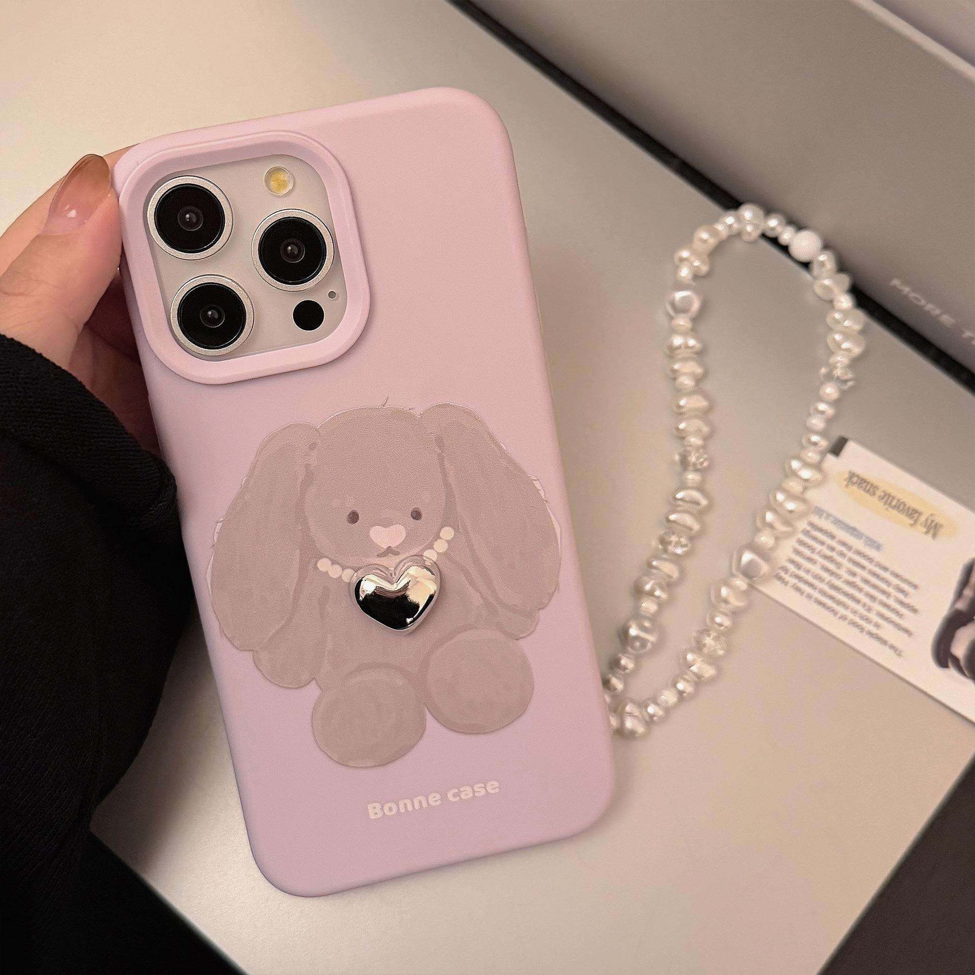 立体珍珠项链兔子适用苹果16手机壳15promax韩风iphone14挂链13软
