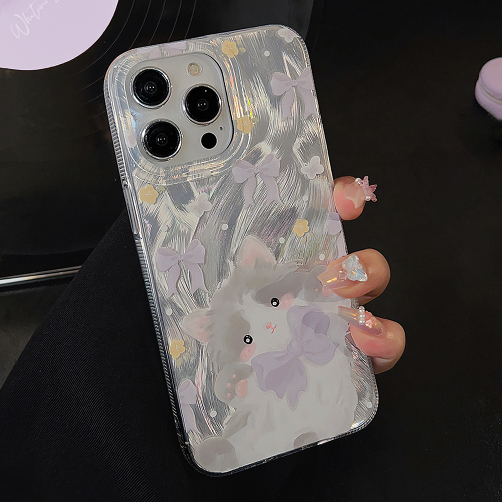 适用14苹果15promax少女紫蝴蝶结猫咪iphone13手机壳12链条16羽纱