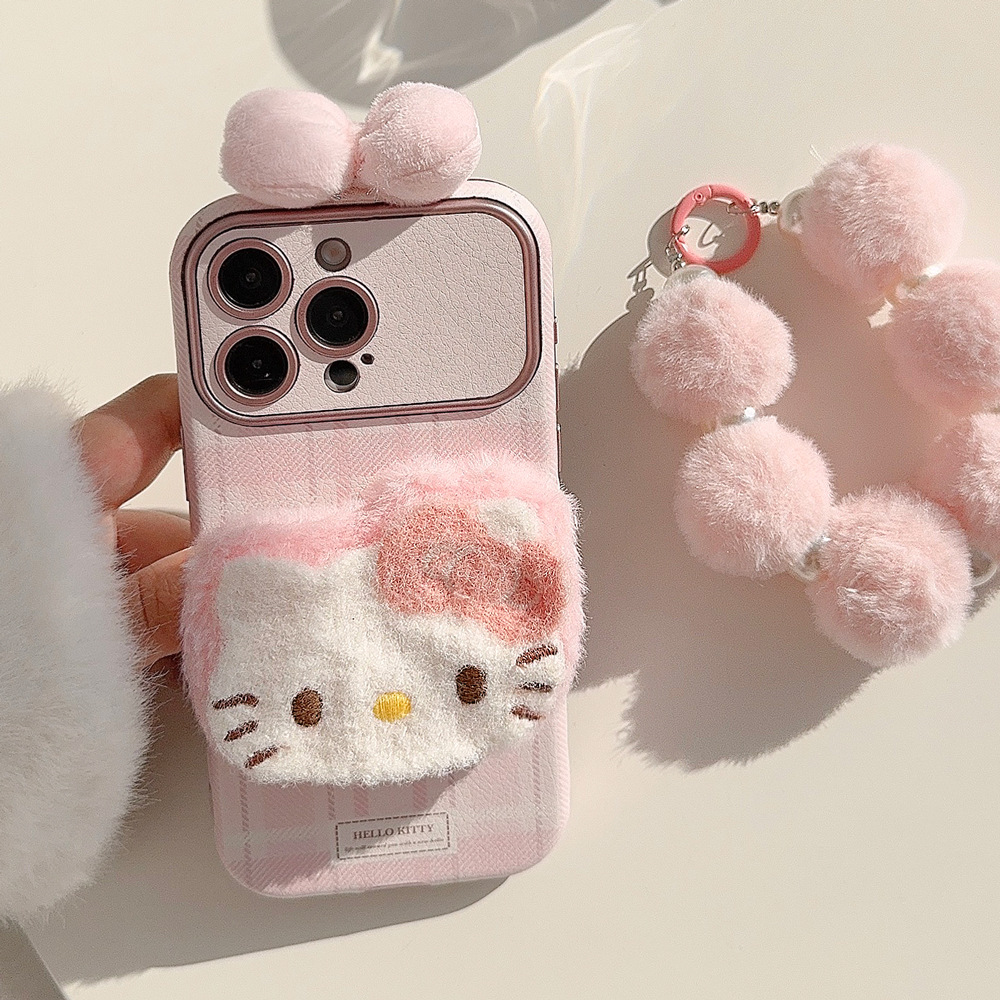 立体粉色蝴蝶结猫适用苹果16ProMax手机壳iphone15皮质13挂绳11软
