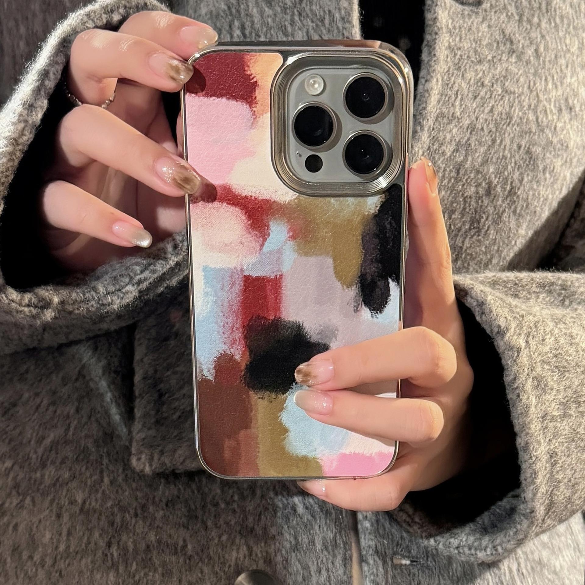 艺术撞色拼接苹果16手机壳14promax皮质15适用iPhone13电镀11高级