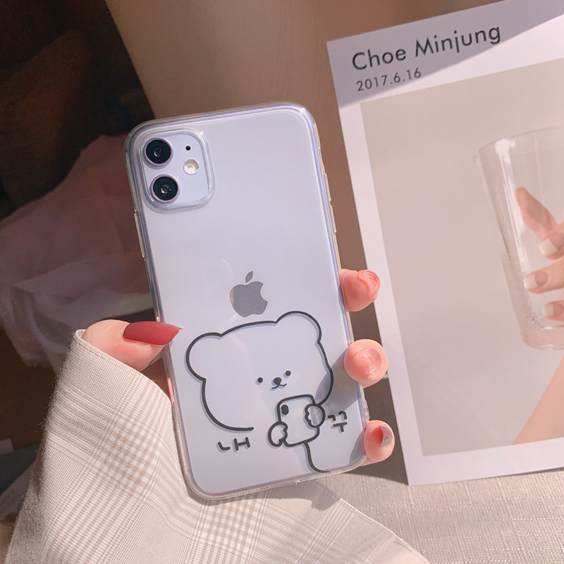 简笔画小熊iPhone16苹果手机壳15新款XSMAX透明8plus硅胶14适用11
