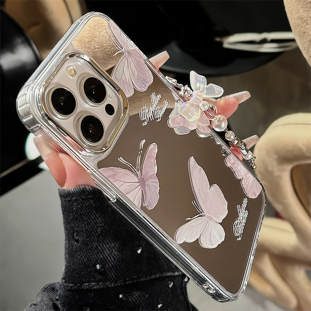 镜面超仙蝴蝶挂坠适用苹果15pro手机壳max气质iphone16防摔13硬12