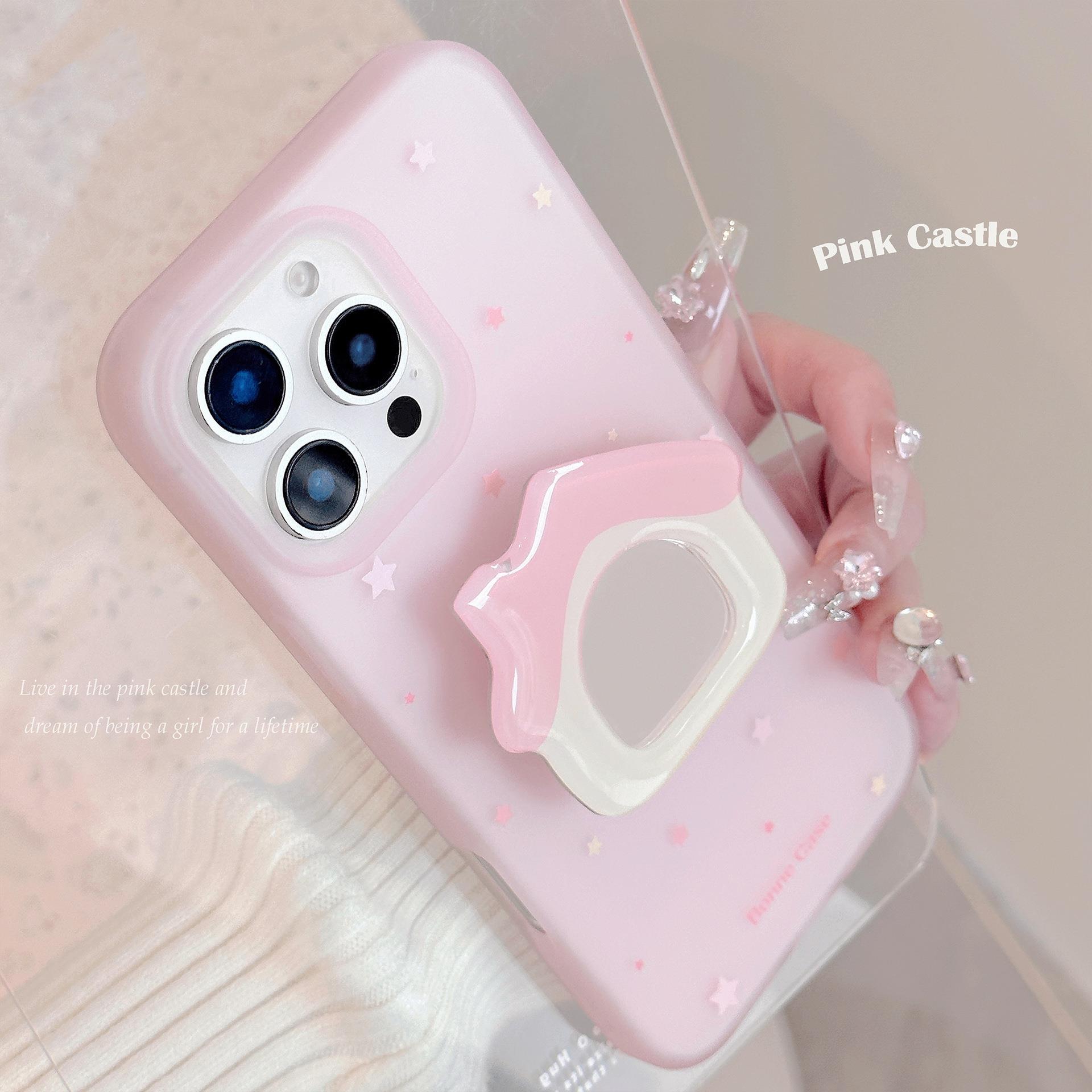 ins风粉色小屋镜面支架适用iphone15pro max苹果16手机壳13小众14