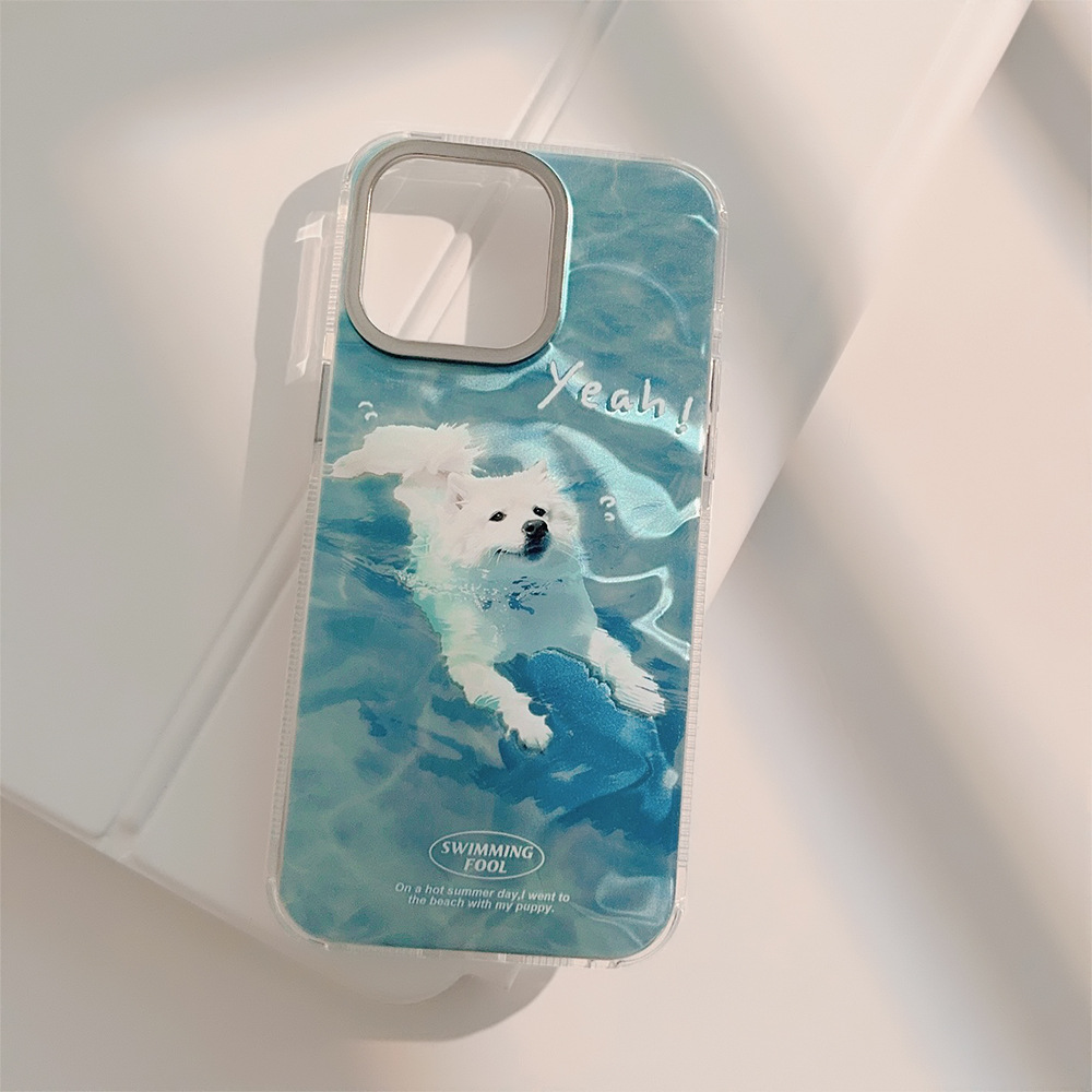 可爱夏日游泳小狗苹果15手机壳适用14promax水波纹iPhone16卡通12
