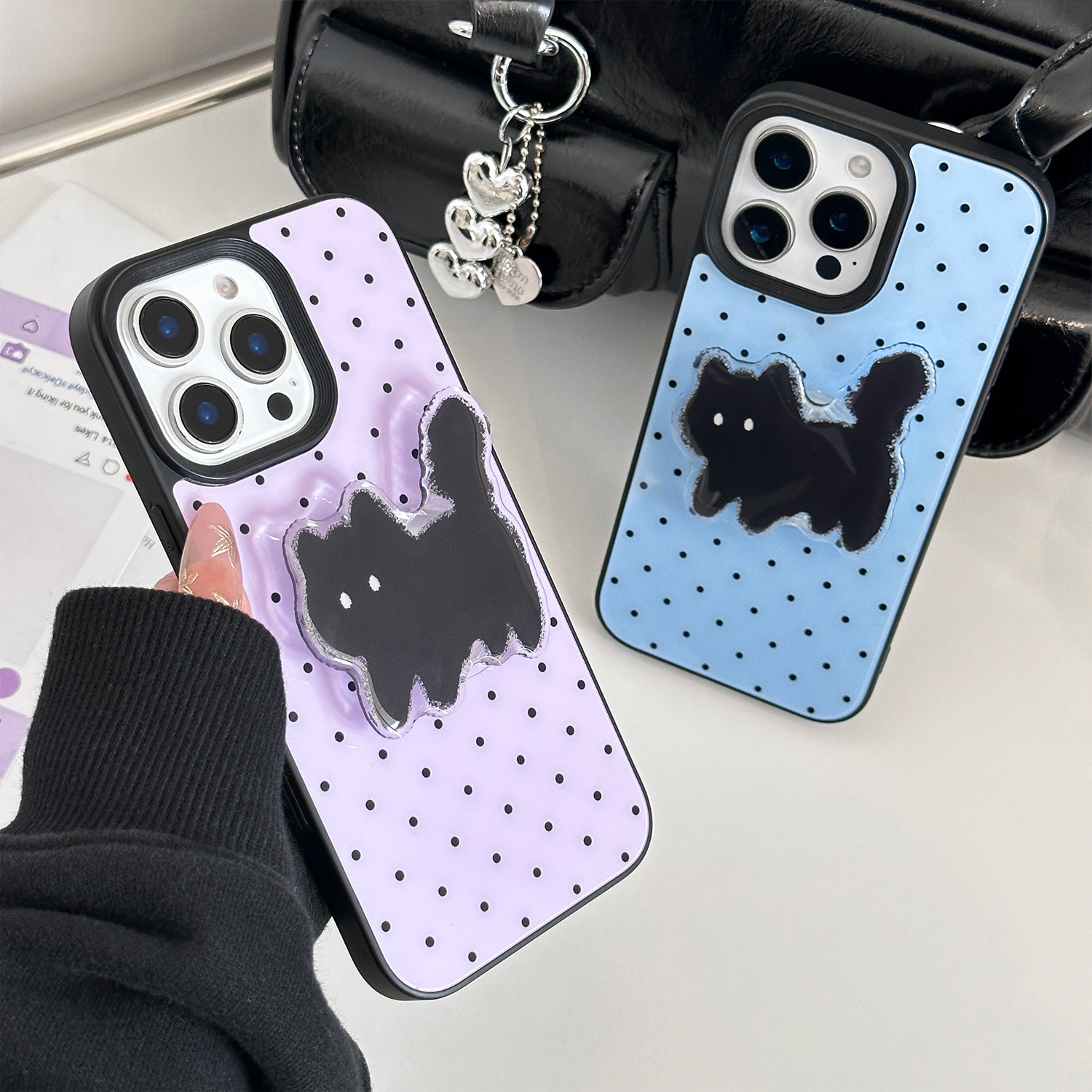甜酷个性波点适用16苹果15promax手机壳iphone14猫咪支架13个性15