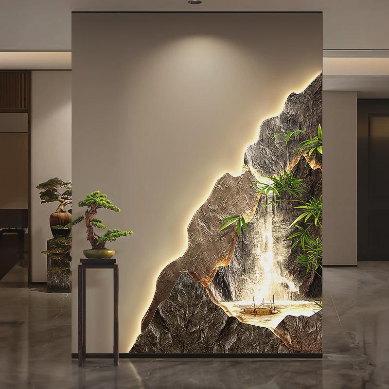 流水生财玄关转角装饰画聚宝盆走廊拐角墙面挂画竹子入户带灯壁画