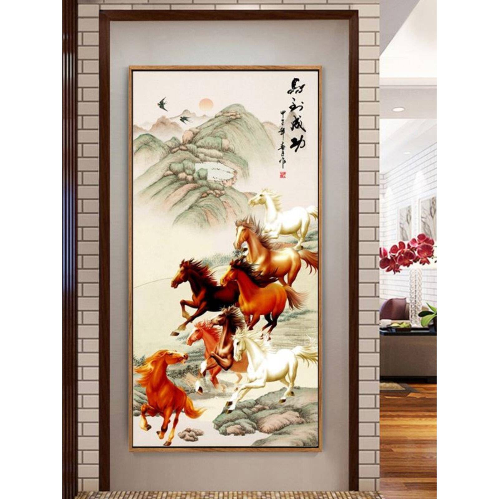 八骏图入户玄关装饰画竖版马到成功国画万马奔腾画客厅八马图挂画图片