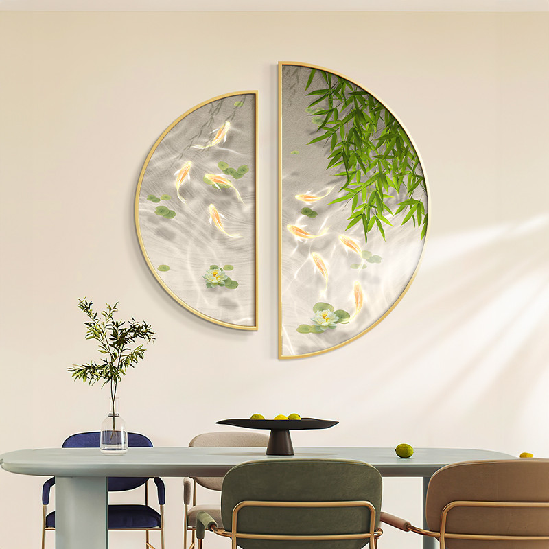 奶油风九鱼图餐厅装饰画竹子玄关半圆形挂画绿植餐桌双联组合壁画图片