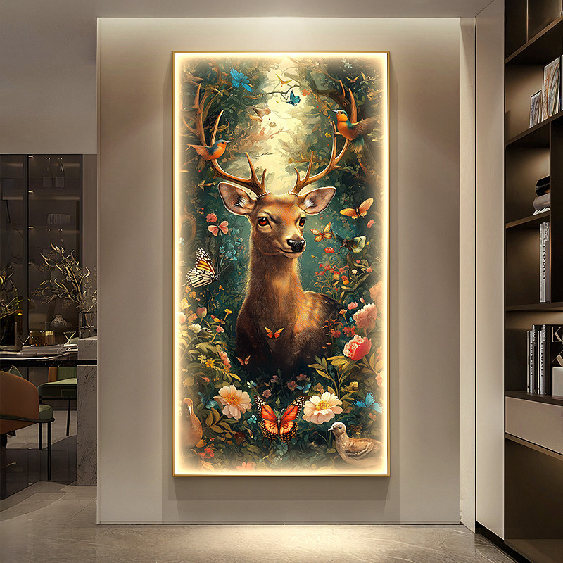 北欧一鹿有你玄关装饰画花鸟走廊过道挂画蝴蝶入户门竖版带灯壁画图片