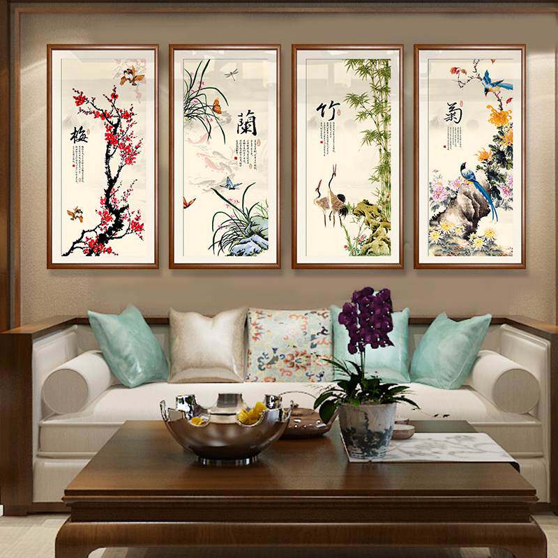 新中式梅兰竹菊挂画 红木实木国画四条屏 客厅背景墙60*120cm装饰
