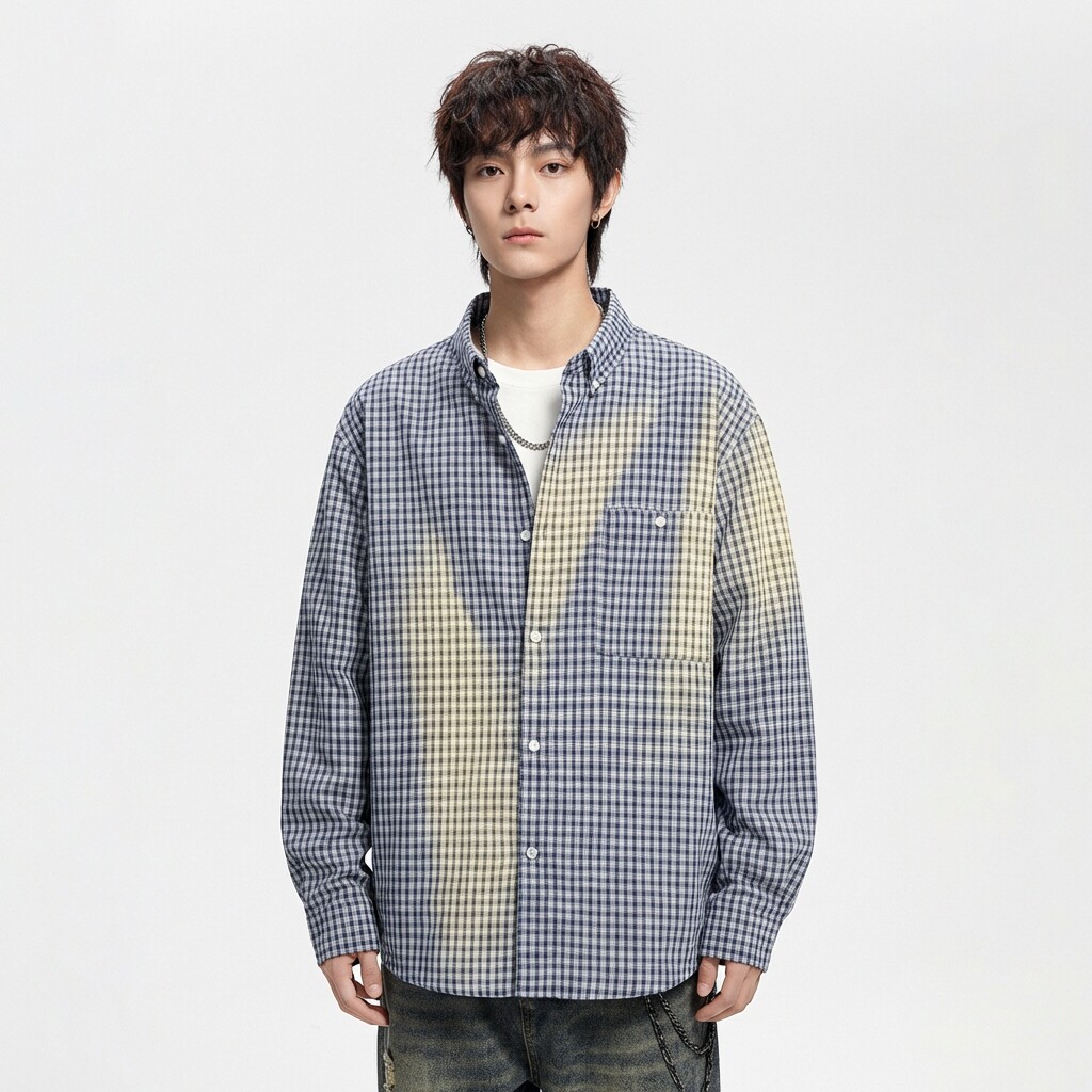 WXWN春秋季港风白底大码格子长袖衬衫美式高街潮牌休闲百搭衬衣男