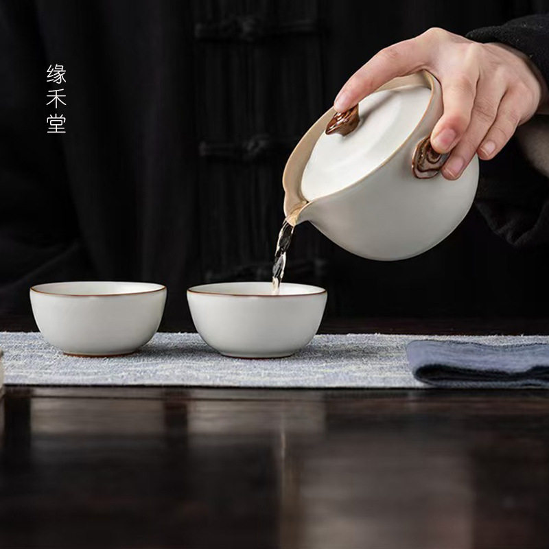 旅行茶具汝窑手抓壶户外便携一壶两杯中式复古开片可养快客杯轻奢