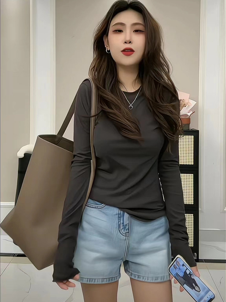 灰色圆领a气质长袖基础内搭打底衫女韩版秋季显瘦软糯百搭T恤上衣,女装/女士精品,大码内搭,淘宝优惠券,粉丝福利购,淘宝优惠卷