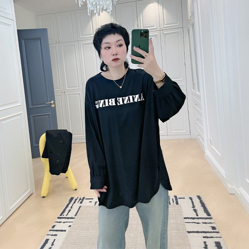 早秋休闲百搭长袖上l衣大码女装200斤胖mm潮圆领藏肉显瘦宽松t恤,女装/女士精品,大码内搭,淘宝优惠券,粉丝福利购,淘宝优惠卷