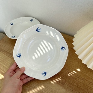 ins复古陶瓷盘子浮雕家用手绘燕子高颜值早餐餐 日本进口MUJIE日式