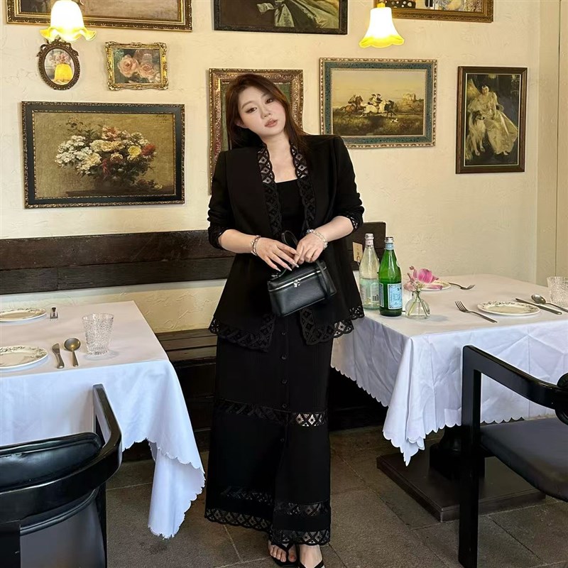 琪琪微微胖大码女装【都市大女主】时髦套装蕾丝西装外套+半身裙