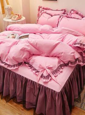 床裙丝四件韩边版加厚磨毛防滑OOB床罩蕾荷叶套三