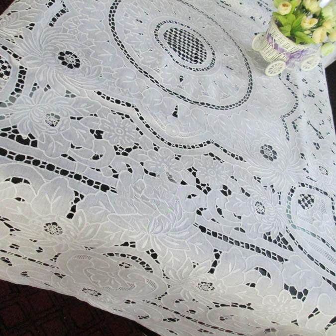 鲁绣手工TMH奢华电欧绣式亚麻布满工手花方桌台布视盖巾17布0CM方