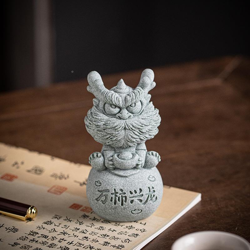 青砂石吉祥物万事兴隆茶宠缸摆件家居客厅办公666666桌茶面鱼盆装