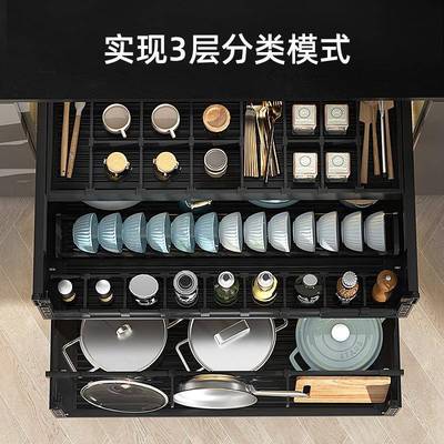 厨房橱柜拉篮抽屉式双三层开门不锈钢碗碟抽中抽收纳置物架分隔蓝