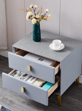 轻奢岩板床头柜质实木简约现纳代灰色卧室储皮收卧COH室收纳物床