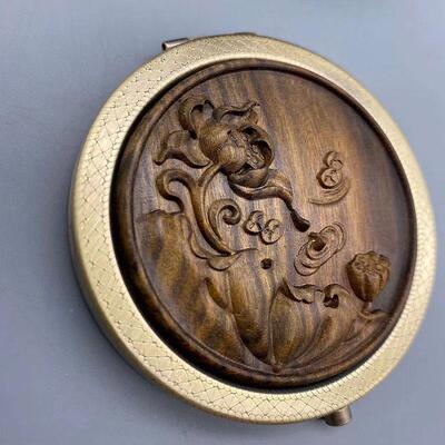 复古式13717木雕花便携圆镜叠中镜小镜子双面化妆镜女随身折迷你