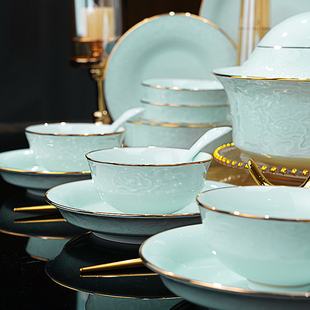 速发餐陶套装 金边具瓷碗盘组合乔迁 家用碗礼简约轻奢浮雕餐具套装