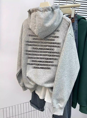 速发美式复古冬灰色连帽重磅卫衣早秋v宽松bf慵懒风o浅ersize薄外