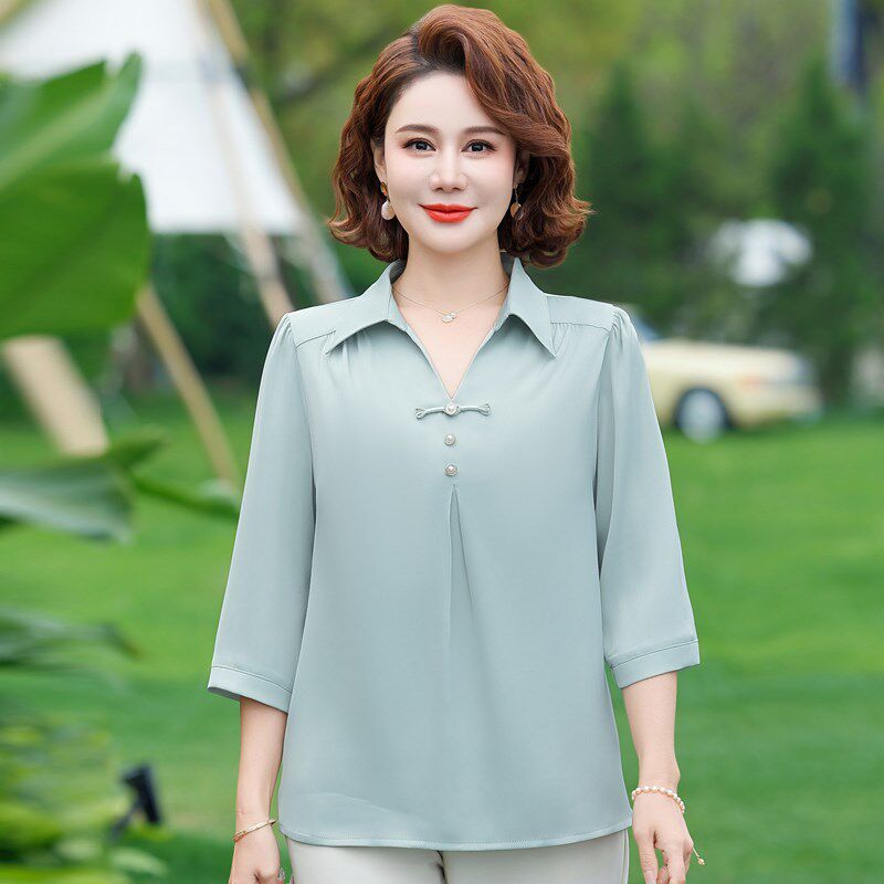 现货速发中年妈妈夏装洋气真丝套装中老年士杭州上衣半袖小衫
