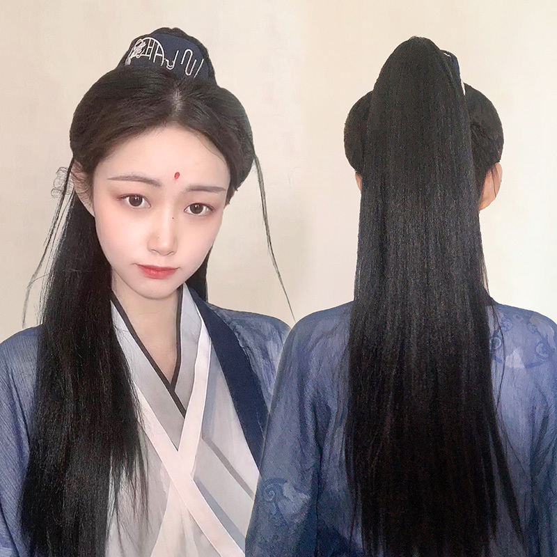 汉服假发a马尾抓夹虎口直发女式古装男士古风侠客高马尾造型假发