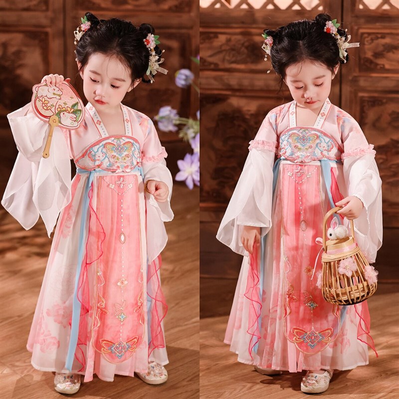 儿童扇语春风团扇舞演出服桃花笑小天J仙古风舞蹈服女童汉服襦裙