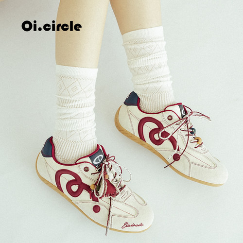 噢壹圈Oicircle【平底3CM】原创复古米红赛车厚底休闲德训鞋
