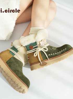 厚底雪地靴原创橄榄绿女冬季外穿加绒加厚保暖棉鞋绑带靴子防滑靴