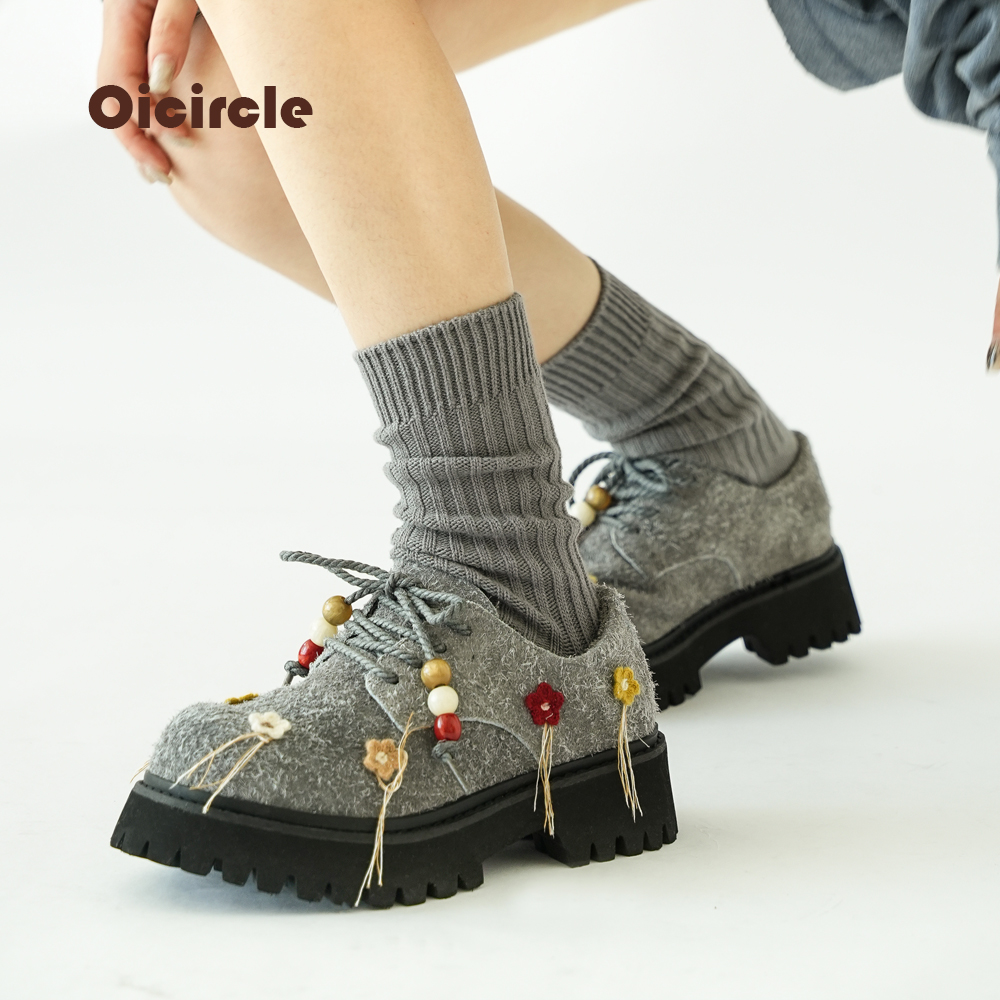 老钱风雪花牛皮大头德比厚底鞋