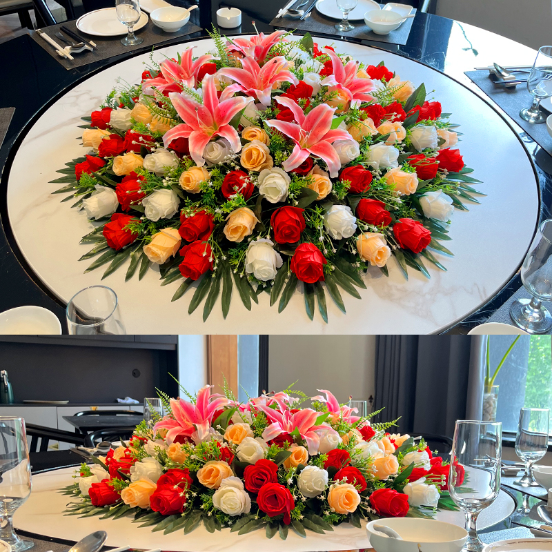 酒店饭店桌面装饰转盘花绢花大圆餐桌花中间摆花轻奢花台花仿真花