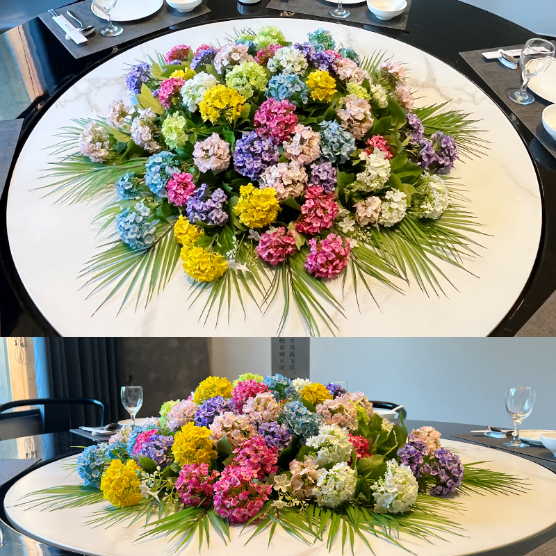 酒店大圆桌中间摆花转盘餐厅圆形桌子摆件仿真假花草坪餐桌装饰花