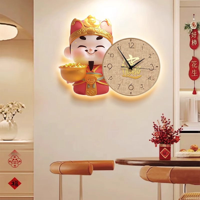 财神爷新中式餐厅饭厅钟表挂画客厅创意装饰画招财时钟墙壁画带灯