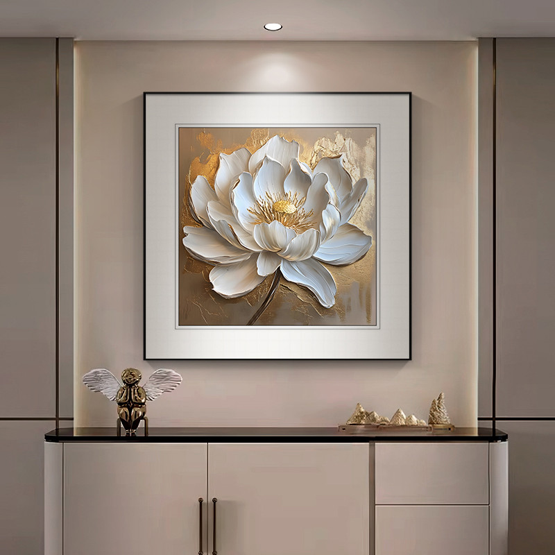 现代简约荷花餐厅挂画入户进门方形客厅装饰画轻奢高档酒店壁画图片