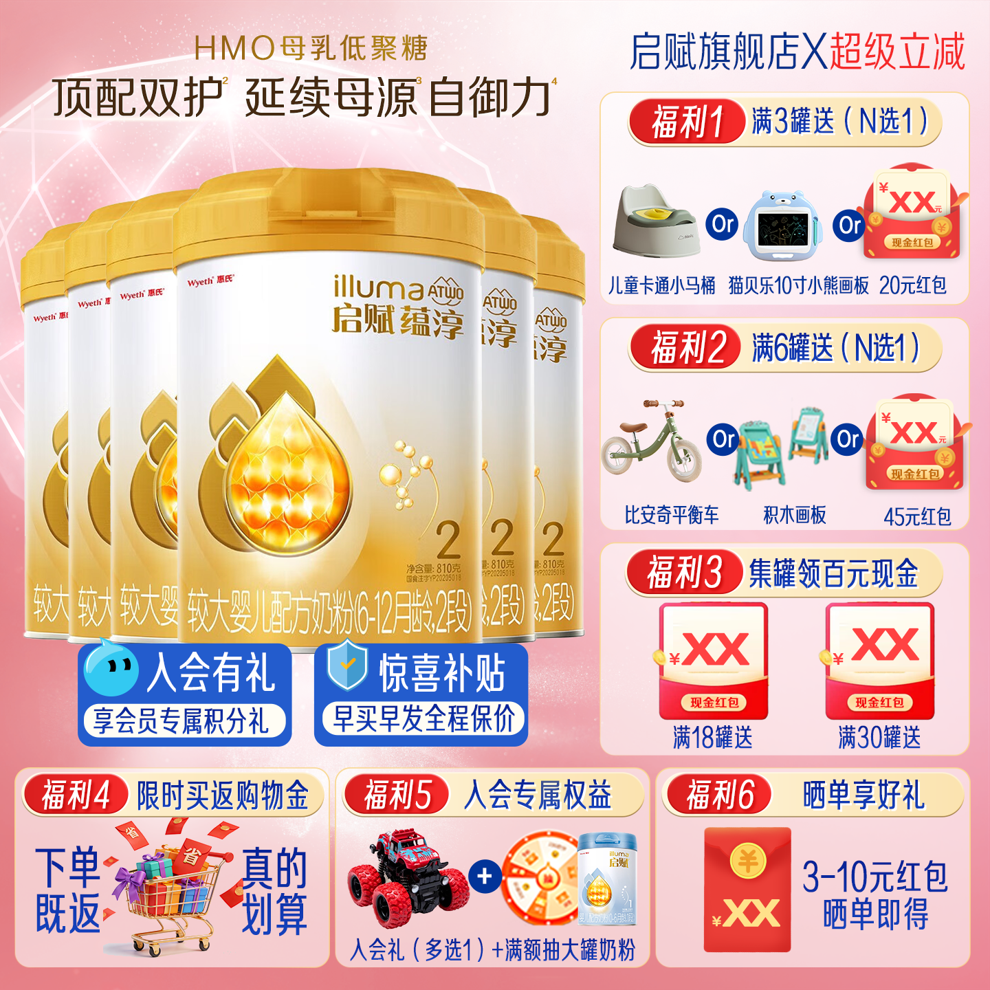 新国标启赋蕴淳2段婴儿牛奶粉810g*6罐二段A2奶源HMO进口官方正品