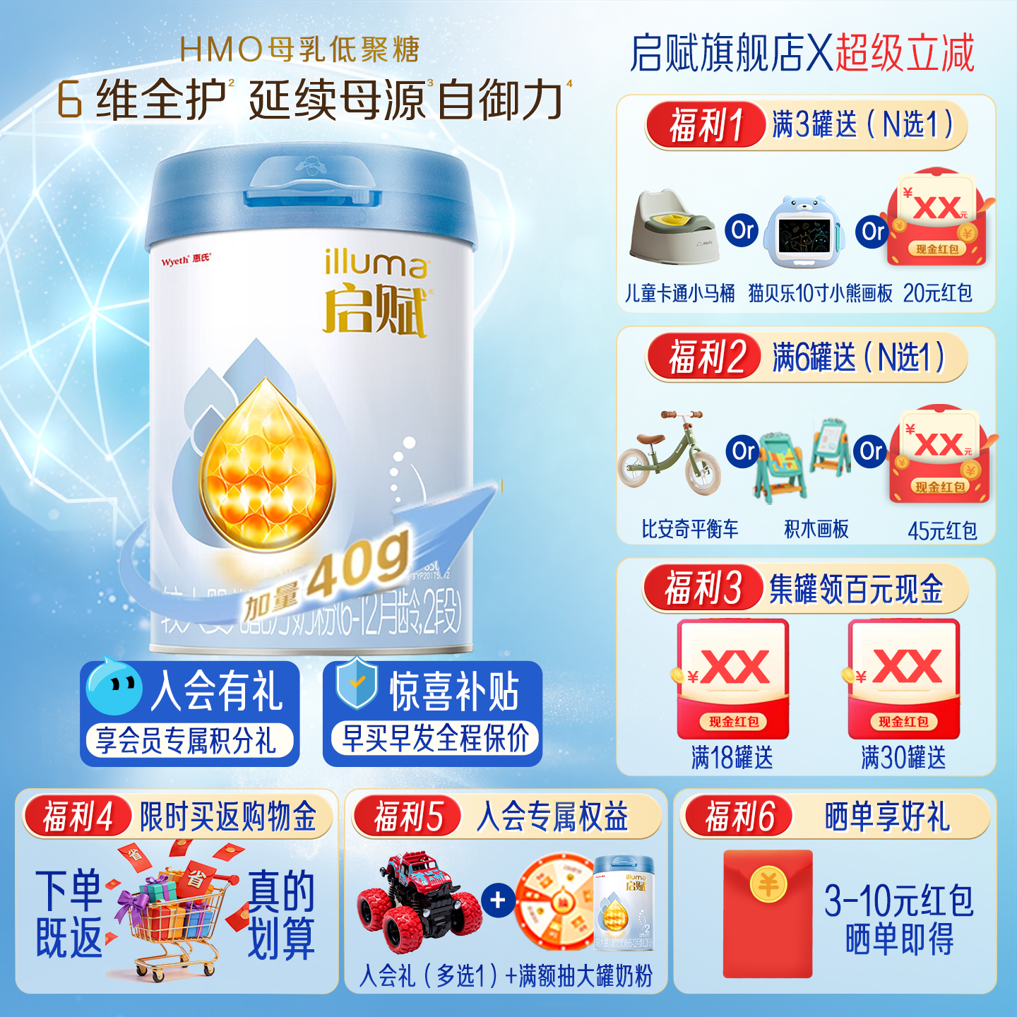 启赋蓝钻2段婴幼儿牛奶粉850g*1罐HMO二段幼儿配方奶粉官方旗舰店