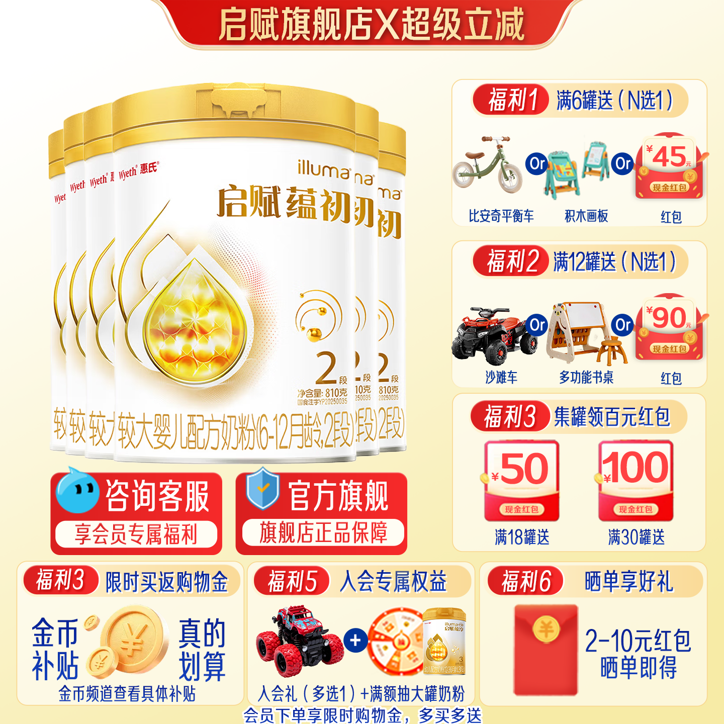 淘金币|蕴淳重磅升级】惠氏启赋蕴初2段婴幼儿奶粉810g/6罐旗舰店