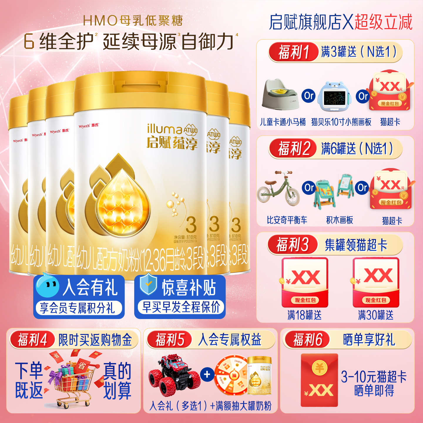 惠氏启赋蕴淳3段配方奶粉进口三段婴儿810g*6官方旗舰新加坡正品