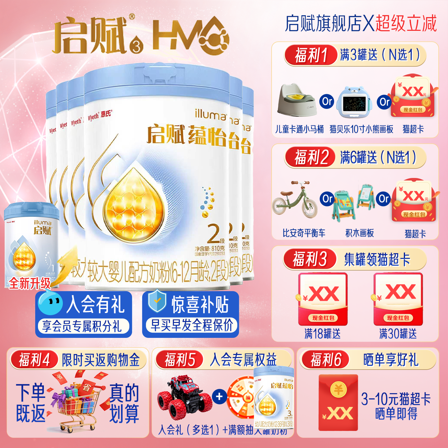 新国标启赋蕴怡2段婴儿奶粉810g*6罐新生6-12个月二段HMO进口正品