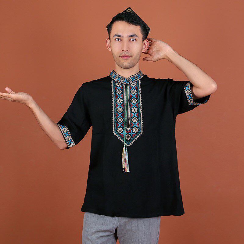 新疆民族服装男士夏季款宽松透气款棉绸服饰维吾尔族绣花挂穗衬衣