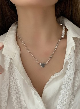 小众设计感珍珠爱心拼接项链女韩国网红轻奢气质十字架锁骨链新款