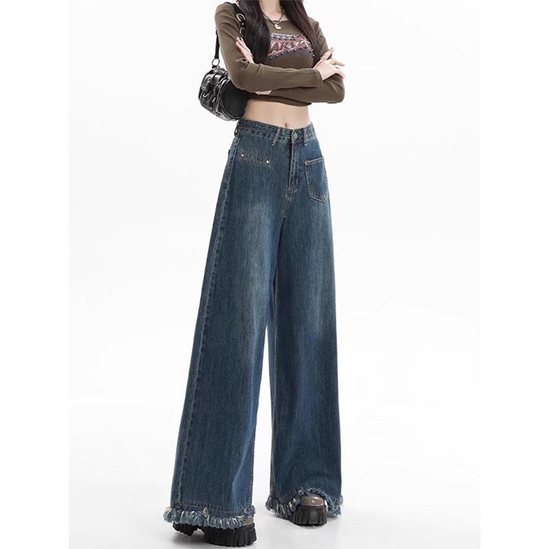 微胖女生穿搭大码美式毛边牛仔裤女胖妹妹高腰mm显瘦直筒拖地长裤
