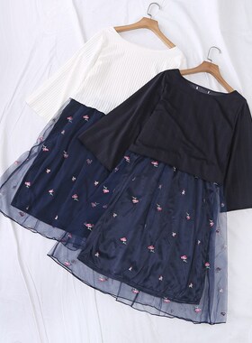 日单春夏新品简约大方清新文艺刺绣针织衫网纱假两件连衣裙15404